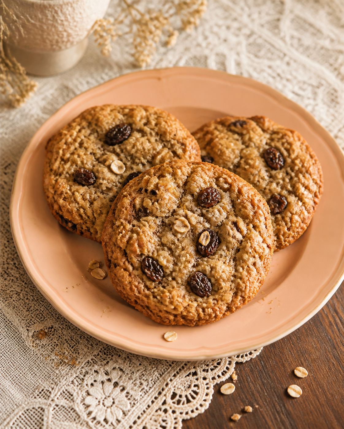 Three realistic oatmeal raisin cookies on a peach plate and lace runner